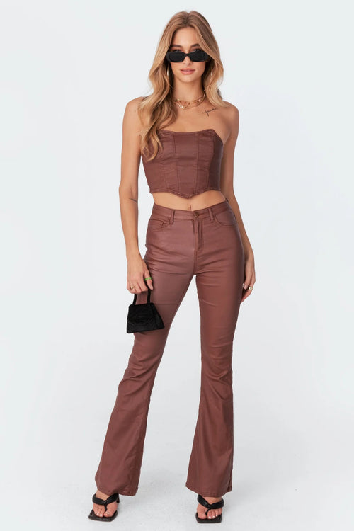 Mavera Faux Leather Mid Rise Flared Jeans