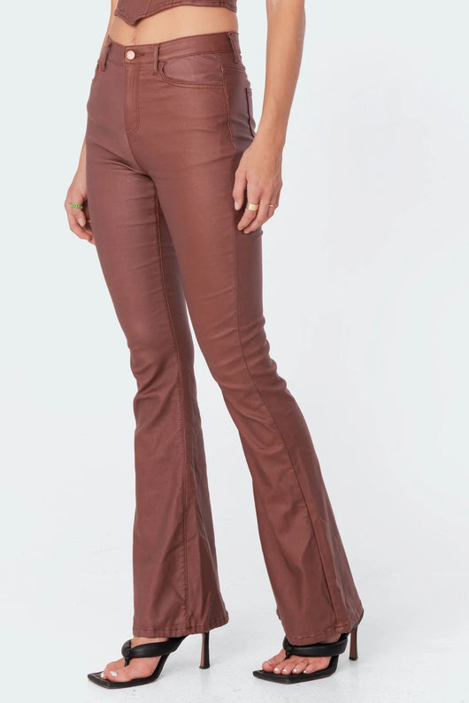 Brown faux leather flared pants - side view