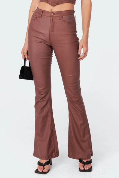 Brown faux leather flared pants - back view