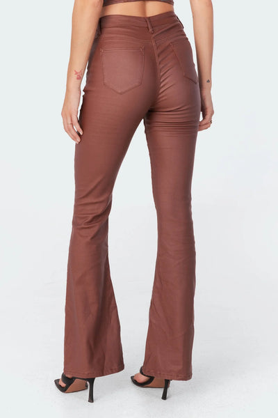 Brown faux leather flared pants - detail