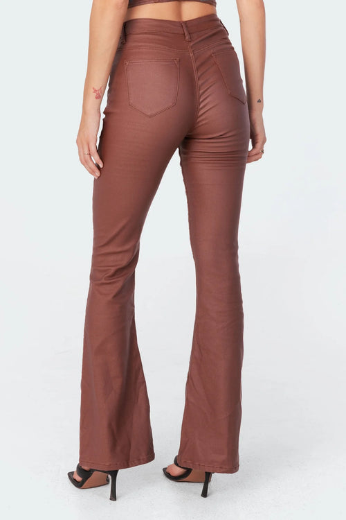 Mavera Faux Leather Mid Rise Flared Jeans