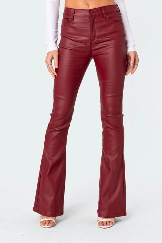 Burgundy faux leather flared pants - side view