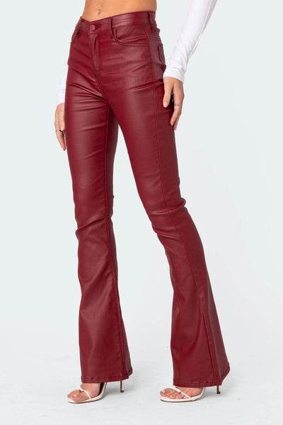 Burgundy faux leather flared pants - detail