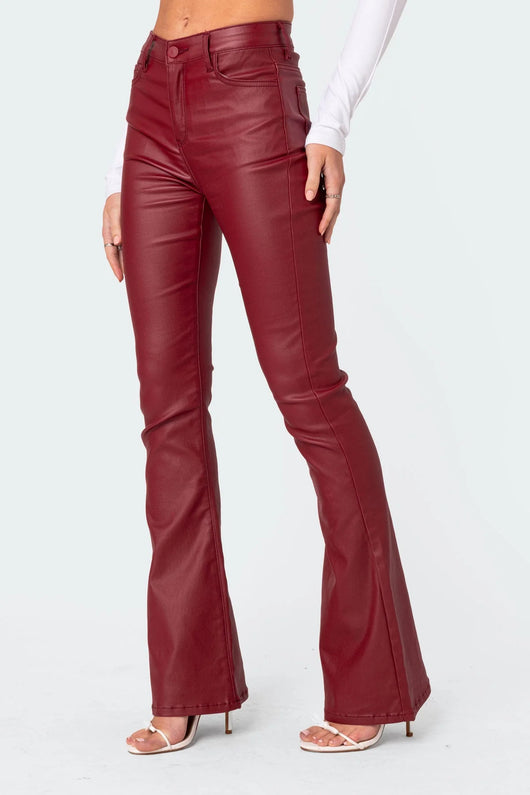 Burgundy faux leather flared pants - detail