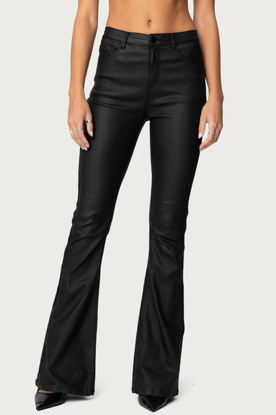 Black faux leather flared pants - side view