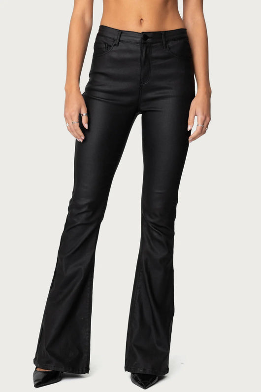 Black faux leather flared pants - side view
