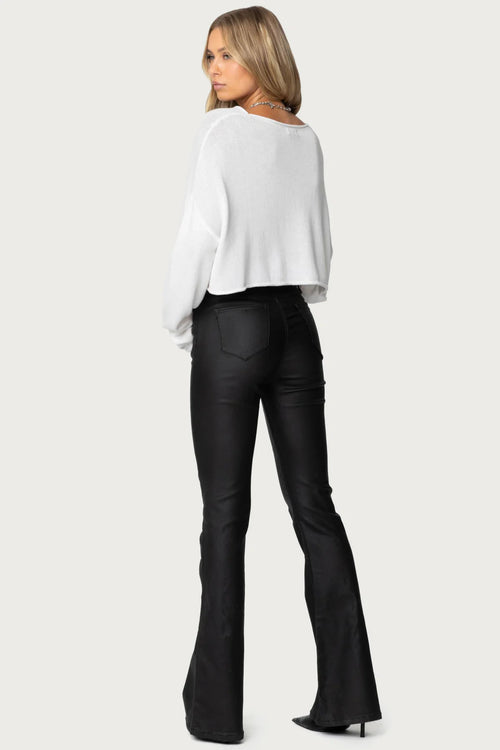 Mavera Faux Leather Mid Rise Flared Jeans