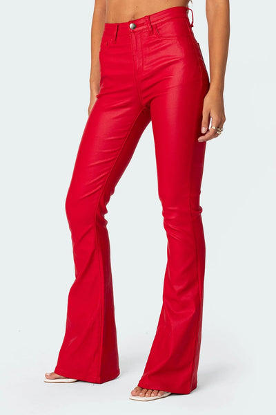 Red faux leather flared pants - side view