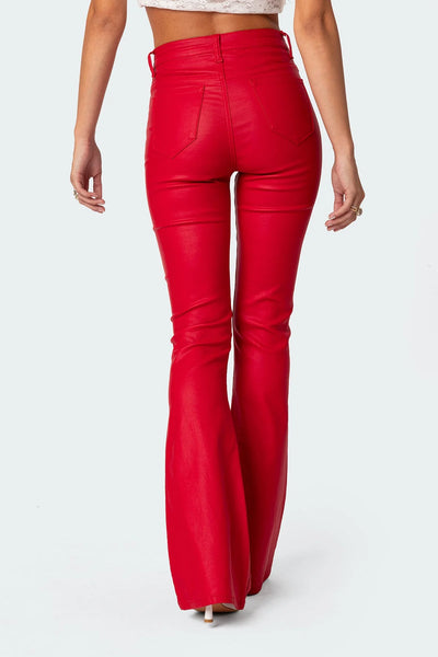 Red faux leather flared pants - back view