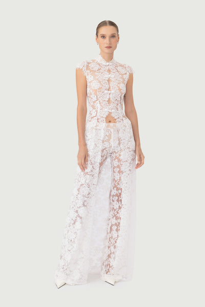 Mavera floral lace top in white - front view