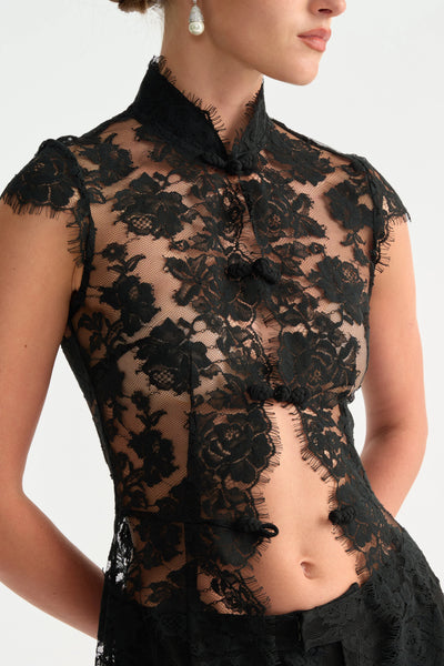 Black floral lace top - side view